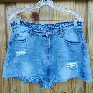 Hayden Los Angeles Ruffled Paperbag Waist Distressed Denim Shorts Size Large